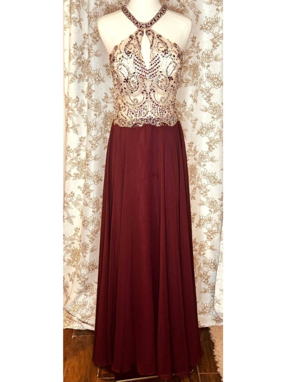 Camille La Vie Burgundy Beaded Halter Evening Gown Size 12 Sequin Floor Length